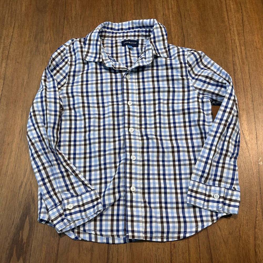 Andy & Evan Boyd Blue and Brown Gingham Plaid Button Up Shirt